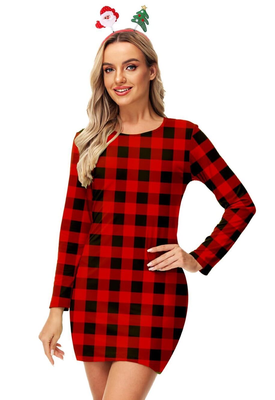 5699 Buffalo Plaid Christmas Dresses Long Sleeve Casual Winter Party Outfit